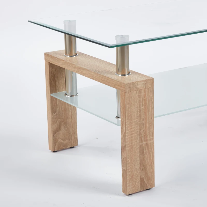 Tempered Glass Coffee Table with Geometric Design, Metal Tubular Legs, Durable Centre Desk for Living Room, 35" L x 19" W x 16.5" H, Natural
