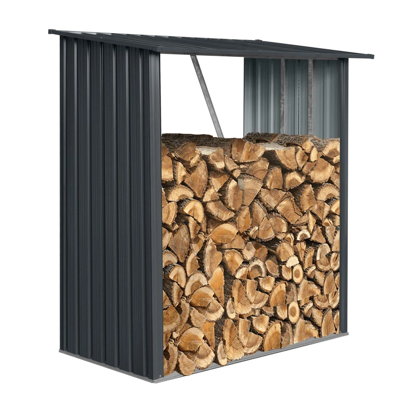 Outdoor Galvanized Steel Firewood Rack with Sloped Roof, Open Wood Shed Perfect for Firewood Storage, 64'' L x 35'' W x 60.5'' H, Black