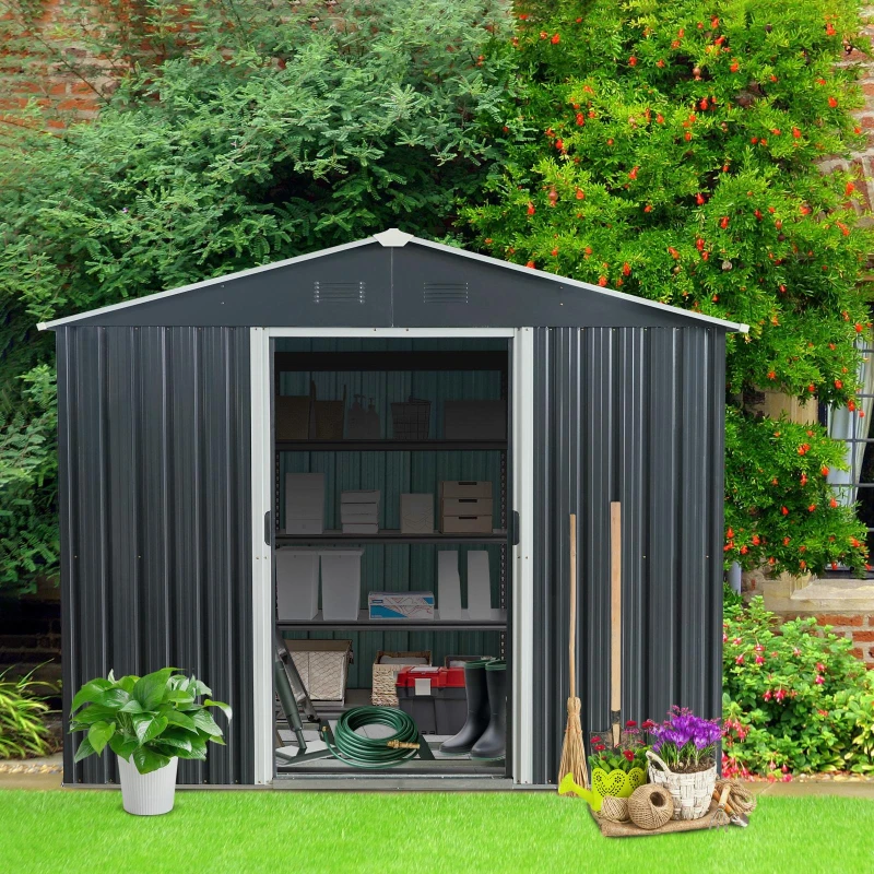 8 x 10 ft Outdoor Metal Storage Shed with Metal Foundation, Robust Construction, Outbuilding for Garden, 89" L x 115" W x 75" H, Black