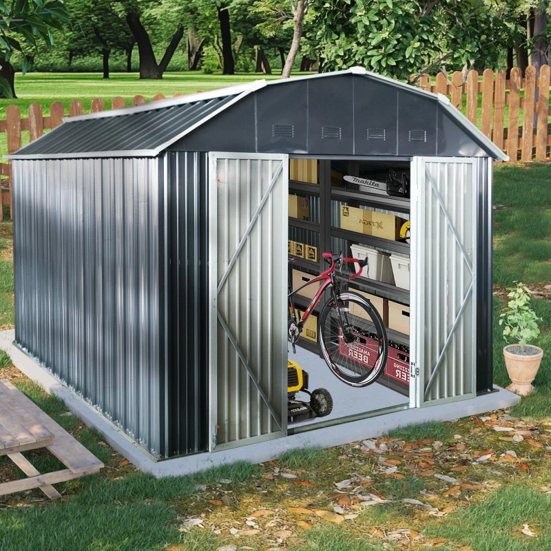 10 x 12 ft Outdoor Metal Storage Shed with Arch Roof and Lockable Double Doors, Outbuilding for Backyard, 118" L x 141" W x 87" H, Black