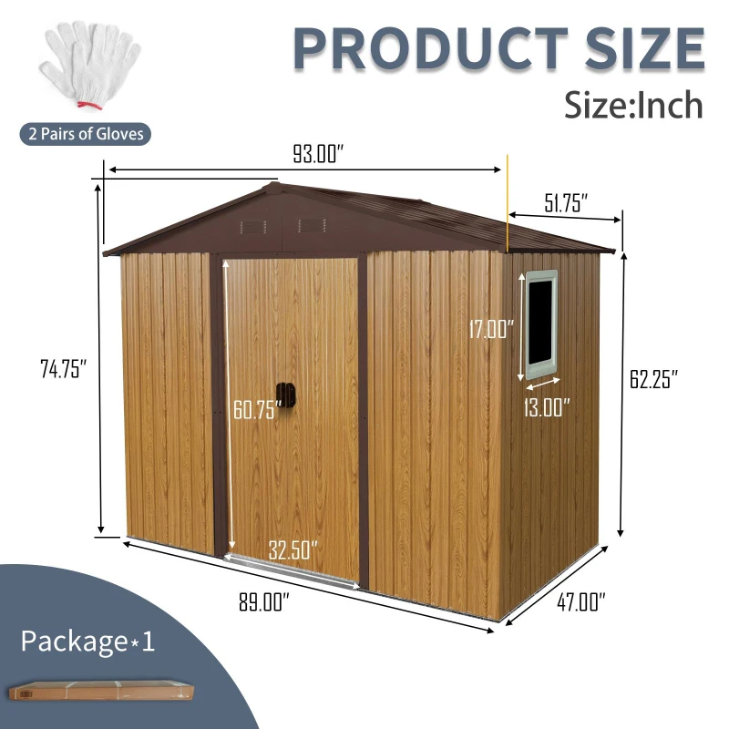 8 x 4 ft Outdoor Metal Storage Shed with Door and Metal Foundation, Storage Hut ideal for Backyard, 93'' L x 51.5'' W x 74.5'' H, Coffee