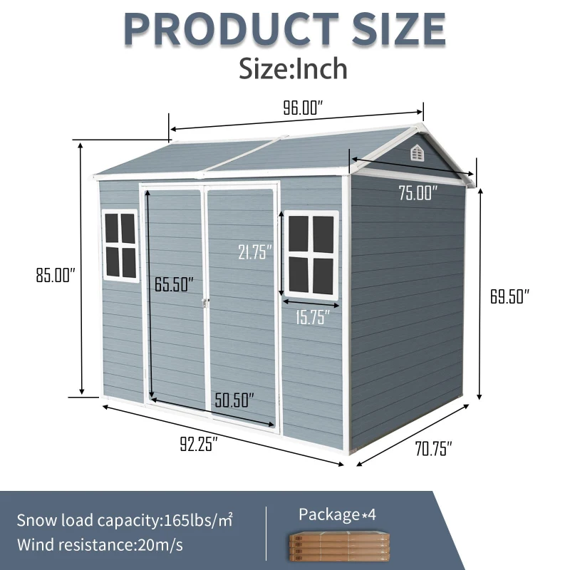 Resin Outdoor Storage Shed with Floor, Lockable Door and Windows, Waterproof Outbuilding for Backyard, 96" L x 75" W x 85" H, Grey