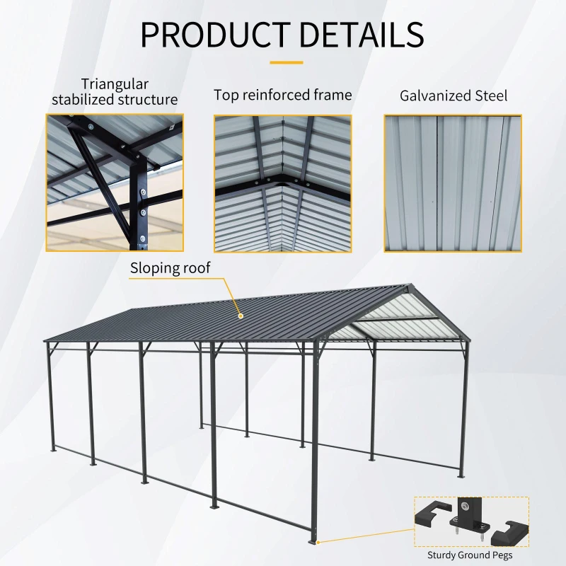Heavy Duty Metal Carport with Galvanized Steel Roof and Frame, Large Garage Ideal for Cars and Trucks, 142'' L x 254'' W x 105.5'' H, Charcoal