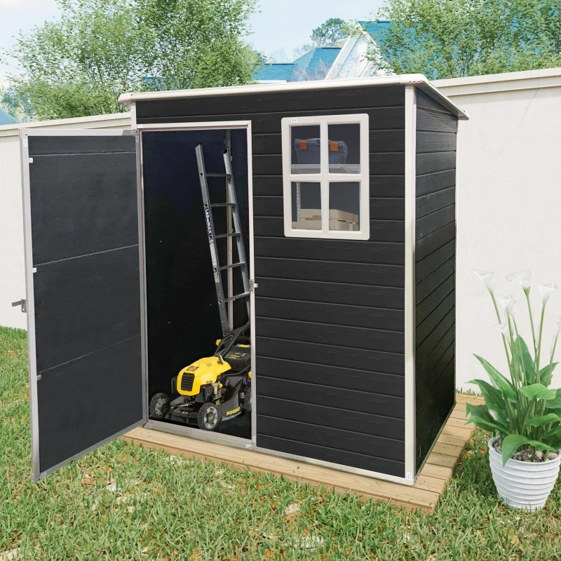Outdoor Plastic Storage Shed with Floor and Heavy-Duty Resin Panels, Storage Hut with Pad-Lockable Door, 62'' L x 41'' W x 72.5'' H, Black