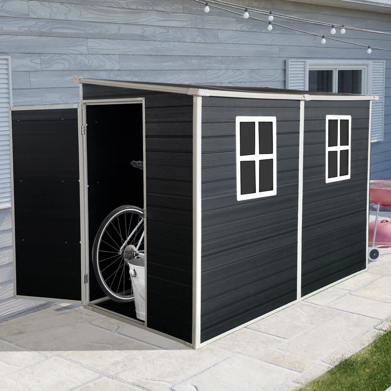 Outdoor Resin Storage Shed with 2 Windows and Lockable Doors, Storage Hut with Waterproof and Floor, 52.5'' L x 100'' W x 74'' H, Black