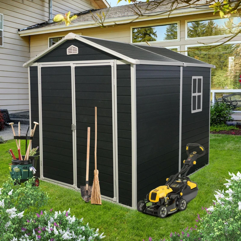 Resin Outdoor Storage Shed Kit with Pad-Lockable Double Doors, Storage Hut with Heavy-Duty Construction, 75'' L x 95.5'' W x 82.5'' H, Black