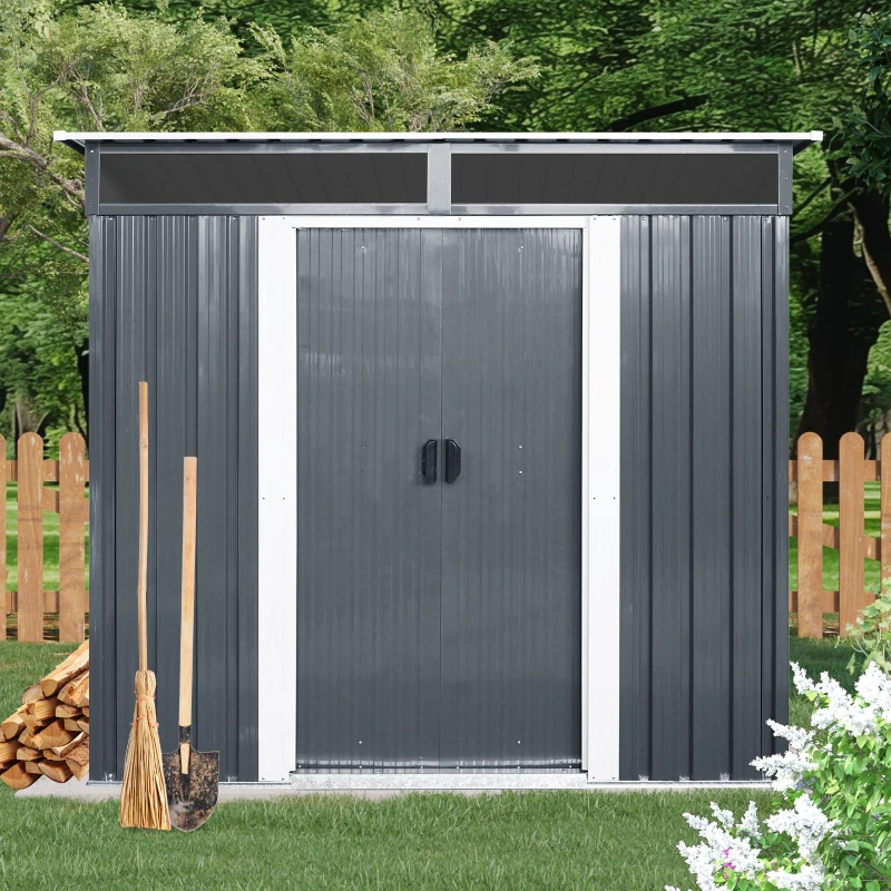 6 x 5 ft Outdoor Metal Storage Shed with Transparent Plate, Galvanized Steel Storage Hut for All-Weather Use, 77'' L x 59.5'' W x 71'' H, Black+White