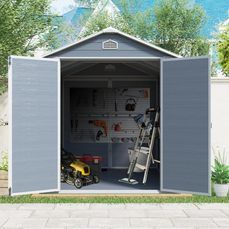 Resin Outdoor Storage Shed Kit with Pad-Lockable Double Doors, Outbuilding for Garden Hobbyists, 75'' L x 95.5'' W x 82.5'' H, Gray