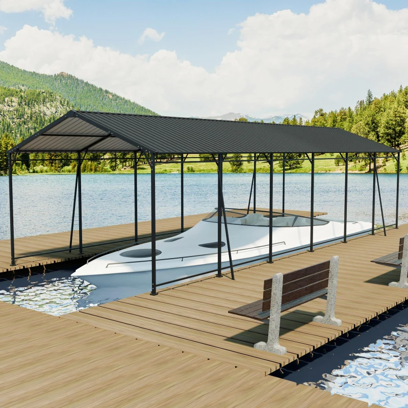 Heavy Duty Metal Carport with Galvanized Steel Roof and Frame, Large Garage with 4 Fixed Supports, 142" L x 379.5" W x 106" H, Charcoal