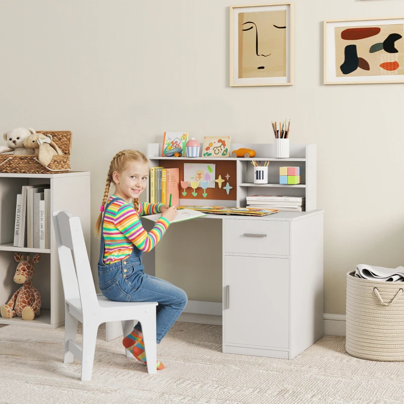 Qaba Kids Desk and Chair Set, Kids Study Table and Chair Set with Storage Hutch, Drawer, Cabinet, Compartments, Cork Board