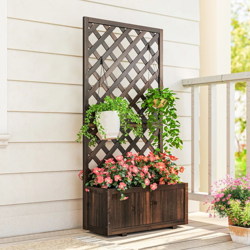 Outsunny 2.4 x 1 x 4.9 ft Garden Wooden Pine Trough Planter with Topped Trellis Climbing Plants Flower Raised Bed, Carbonized