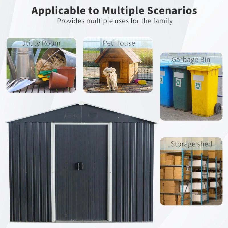 8 x 10 ft Outdoor Metal Storage Shed with Metal Foundation, Robust Construction, Outbuilding for Garden, 89" L x 115" W x 75" H, Black