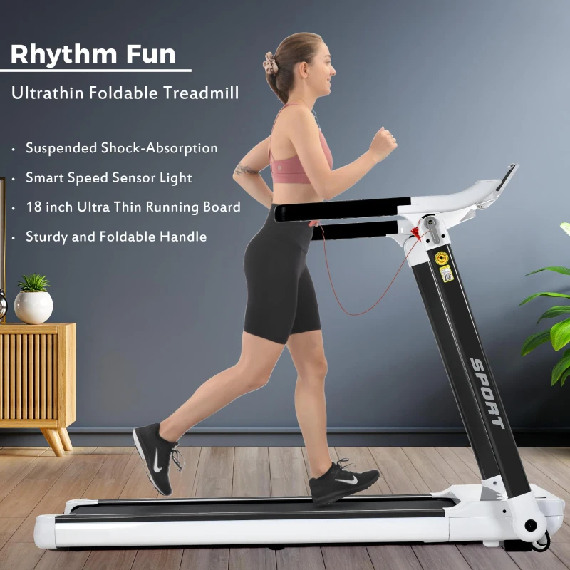 Portable Compact Treadmill with 3.5HP Motor, Bluetooth Speaker, Foldable Running Machine for Home Gym, 61.5" L x 24.5" W x 45.5" H, White
