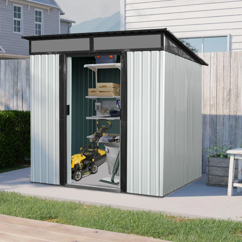 Outdoor Metal Storage Shed with Lockable Sliding Doors, Transparent Panels, Outbuilding for Backyard, 77" L x 59.5" W x 71" H, White+Black