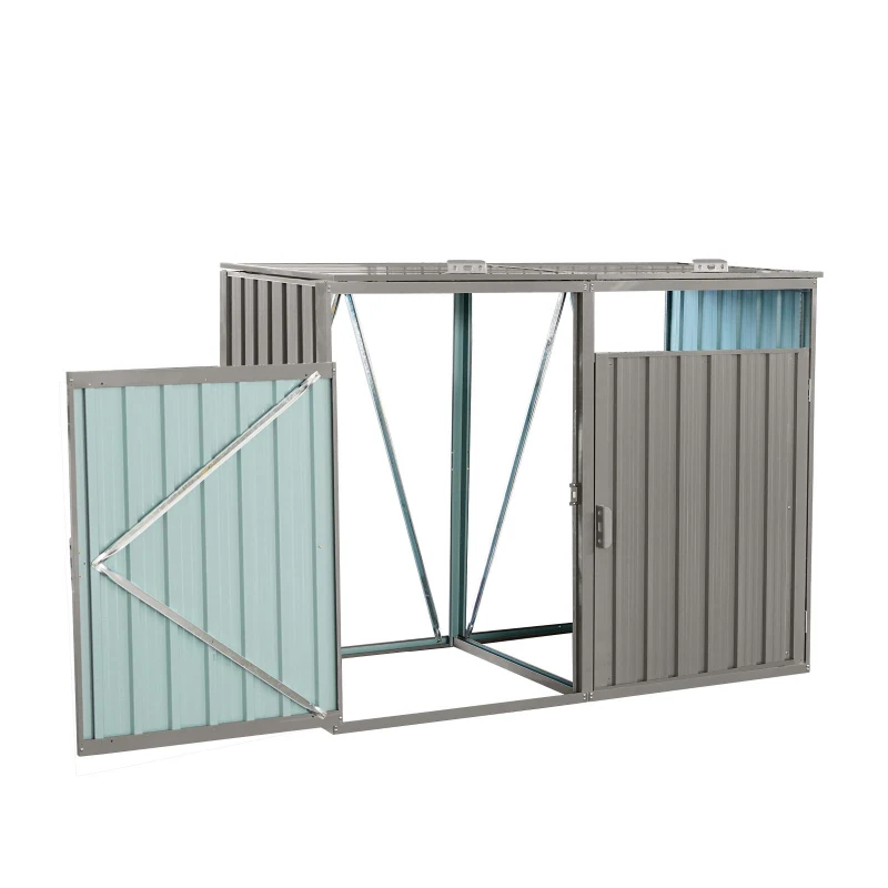Metal Garbage Bin Shed with Convenient Lid and Springs, Galvanized Steel Outdoor Storage for 2 Trash Cans, 63'' L x 31.5'' W x 48'' H, Grey