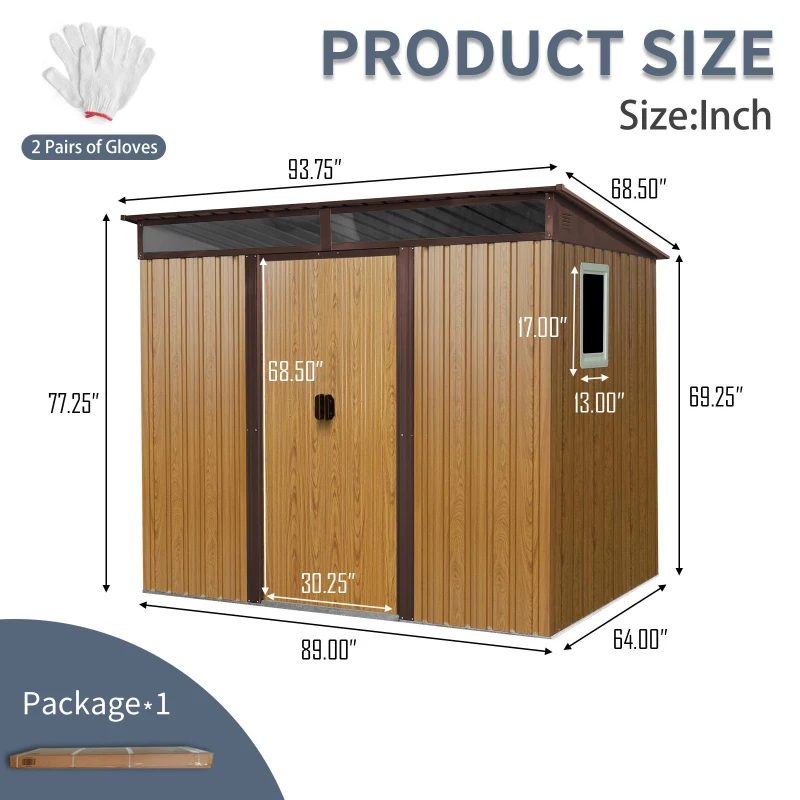 8 x 6 ft Outdoor Metal Storage Shed with Window and Galvanized Steel, Outbuilding for Garden Hobbyists, 93.5'' L x 68.5'' W x 77'' H, Coffee
