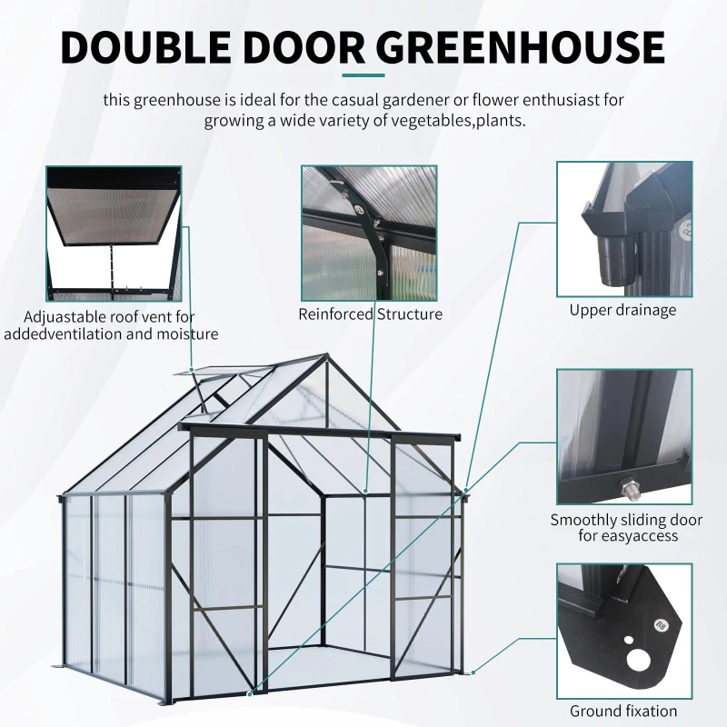Walk-in Polycarbonate Greenhouse with Double Sliding Doors, Galvanized Base, Heavy Duty Hothouse for Plant, 94.5" L x 74" W x 89.5" H, Black