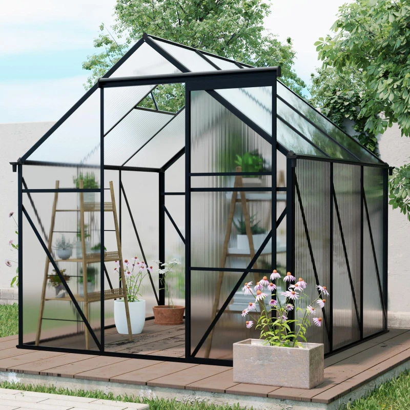 Polycarbonate Walk-in Greenhouse with Sliding Door and Adjustable Roof, Hothouse with Duty Aluminum Frame, 75'' L x 75'' W x 77'' H, Black
