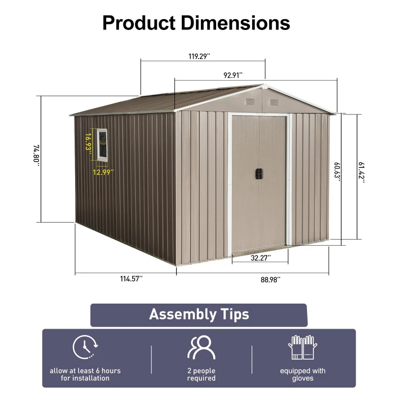 Outdoor Metal Storage Shed with Window and Sliding Doors, Storage Hut with Galvanized Steel Construction, 93'' L x 114.5'' W x 75'' H, Grey
