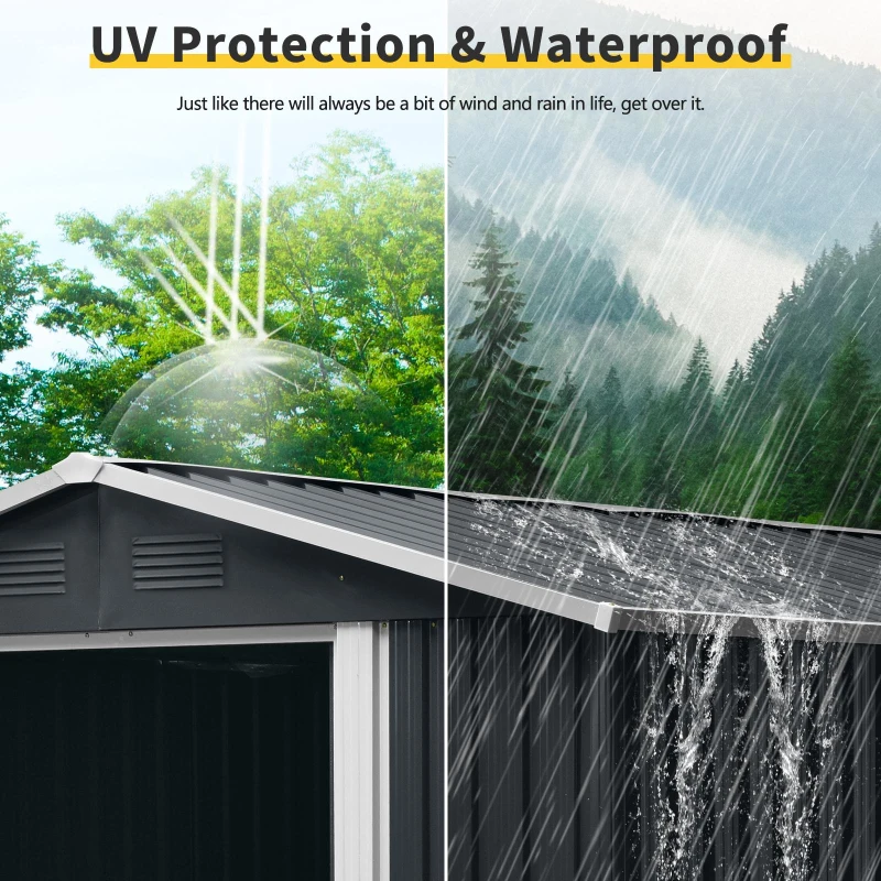 8 x 10 ft Outdoor Metal Storage Shed with Metal Foundation, Robust Construction, Outbuilding for Garden, 89" L x 115" W x 75" H, Black