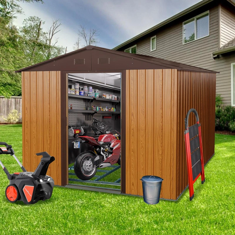 8 x 10 ft Outdoor Metal Storage Shed with Metal Foundation, Sliding Doors, Outbuilding for Garden Hobbyists, 89" L x 114.5" W x 75" H, Coffee