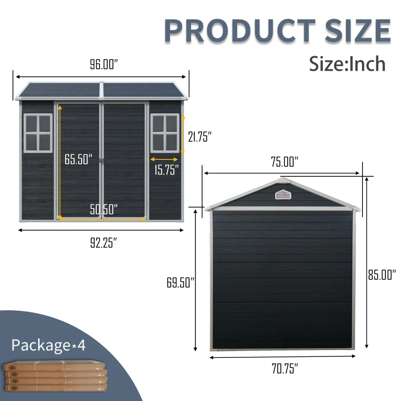 Resin Outdoor Storage Shed with Floor, Lockable Door and Windows, Outbuilding for Garden Hobbyists, 96'' L x 75'' W x 85'' H, Black