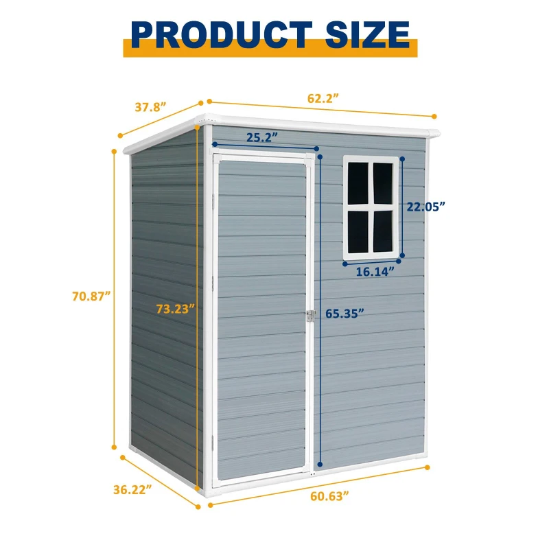 Resin Outdoor Storage Shed with Lockable Double Doors and Reinforced Floor, Durable Outbuilding for Backyard, 62" L x 38" W x 73" H, Grey