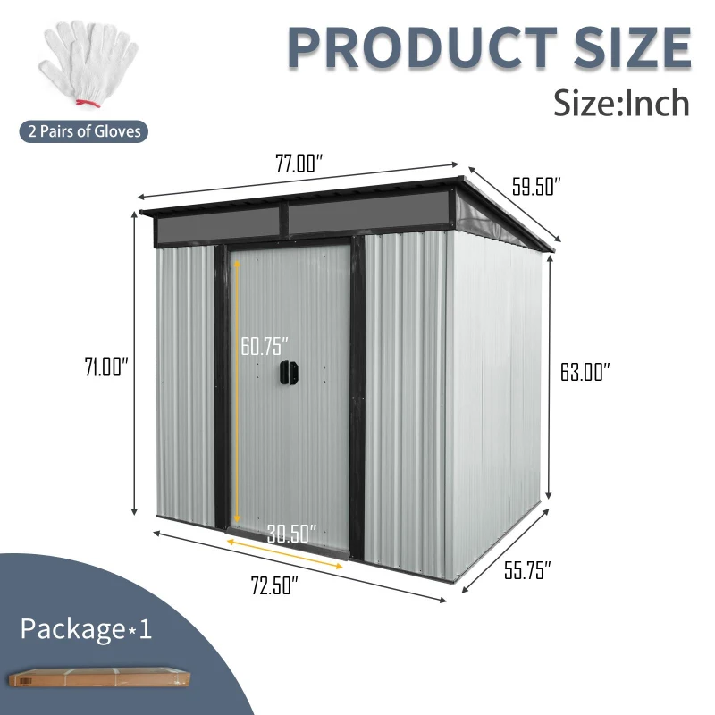 Outdoor Metal Storage Shed with Lockable Sliding Doors, Transparent Panels, Outbuilding for Backyard, 77" L x 59.5" W x 71" H, White+Black