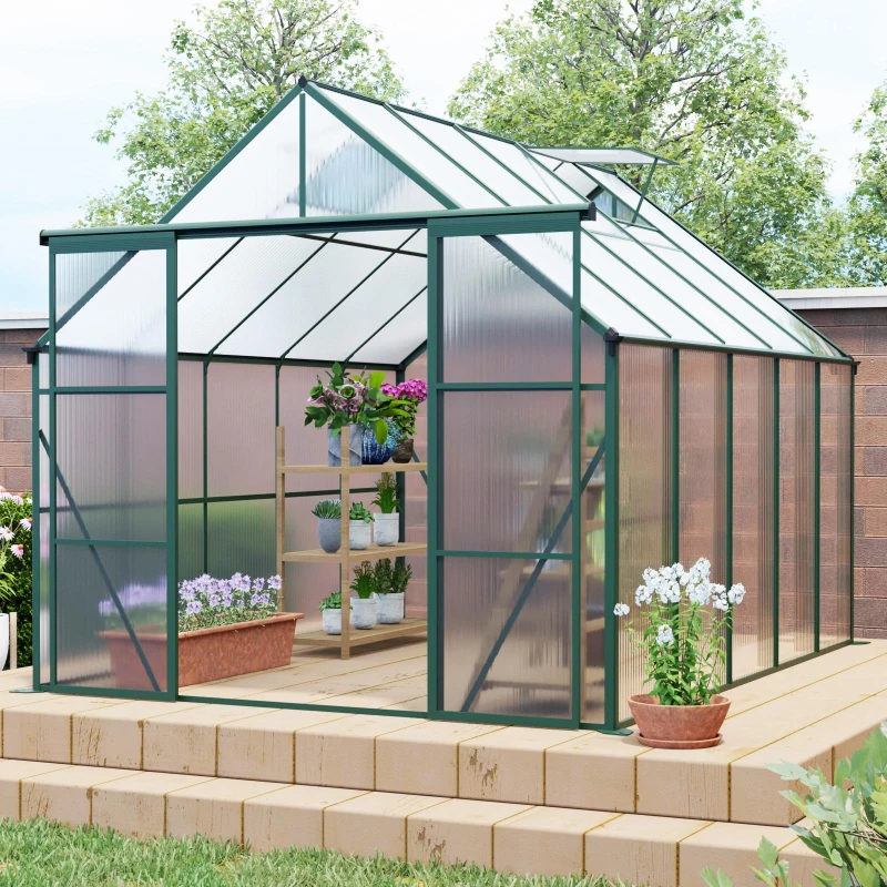 Double Door Polycarbonate Greenhouse with Galvanized Base and Adjustable Roof, Walk-in Hothouse for Plant, 94.5" L x 121" W x 89.5" H, Green