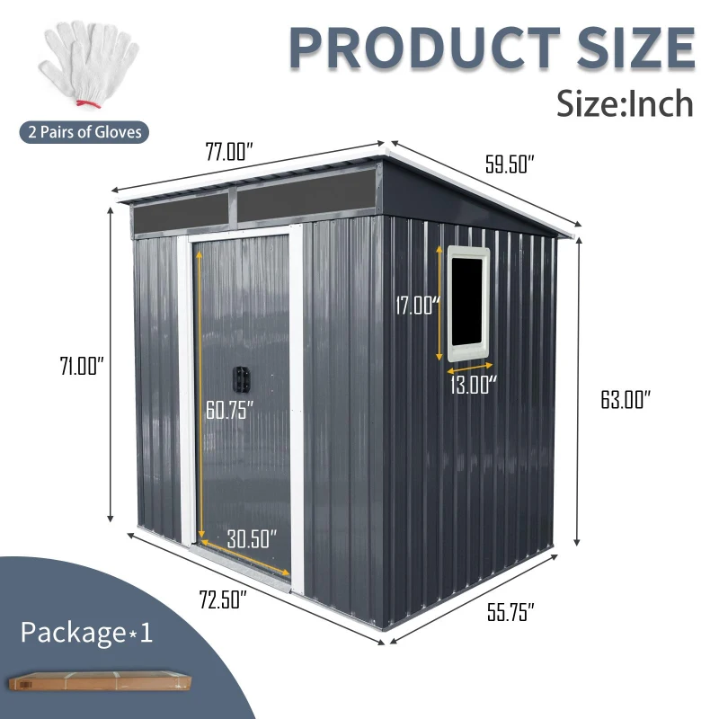 6 x 5 ft Outdoor Metal Storage Shed with Transparent Plate, Galvanized Steel Storage Hut for All-Weather Use, 77'' L x 59.5'' W x 71'' H, Black+White