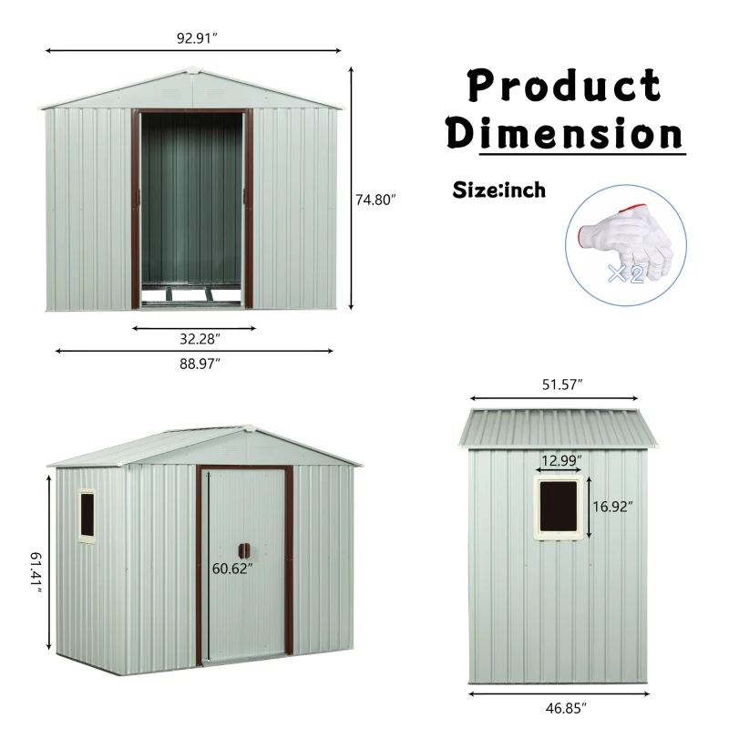 Outdoor Metal Storage Shed with Metal Foundation and Robust Construction, Storage Hut ideal for Backyard, 93'' L x 51.5'' W x 75'' H, White