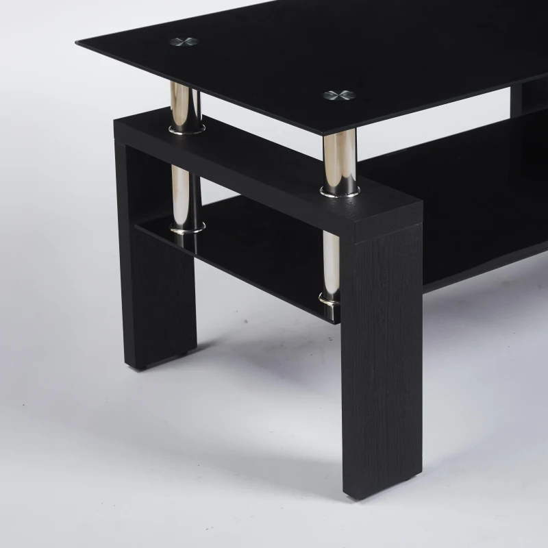 Tempered Glass Coffee Table with Geometric Design, Metal Tubular Legs, Durable Centre Desk for Living Room, 35" L x 19" W x 16.5" H, Black
