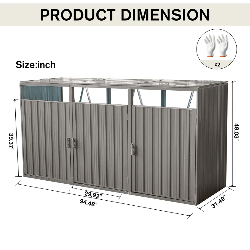Metal Garbage Bin Shed with Doors and Lockable Handles, Trash Can Shed Perfect for Outdoor Storage, 94.5'' L x 31.5'' W x 48'' H, Grey