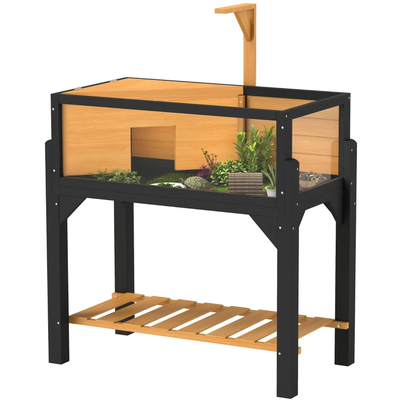 PawHut Wooden Tortoise Habitat with Storage Shelf, Tortoise Enclosure with Clear Windows, Openable Top, Lamp Holder, Yellow
