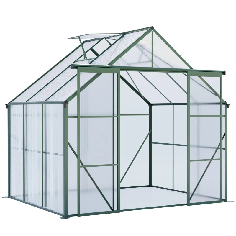 Walk-in Polycarbonate Greenhouse with Double Sliding Doors, Galvanized Base, Heavy Duty Hothouse for Plant, 94.5" L x 74" W x 89.5" H, Green