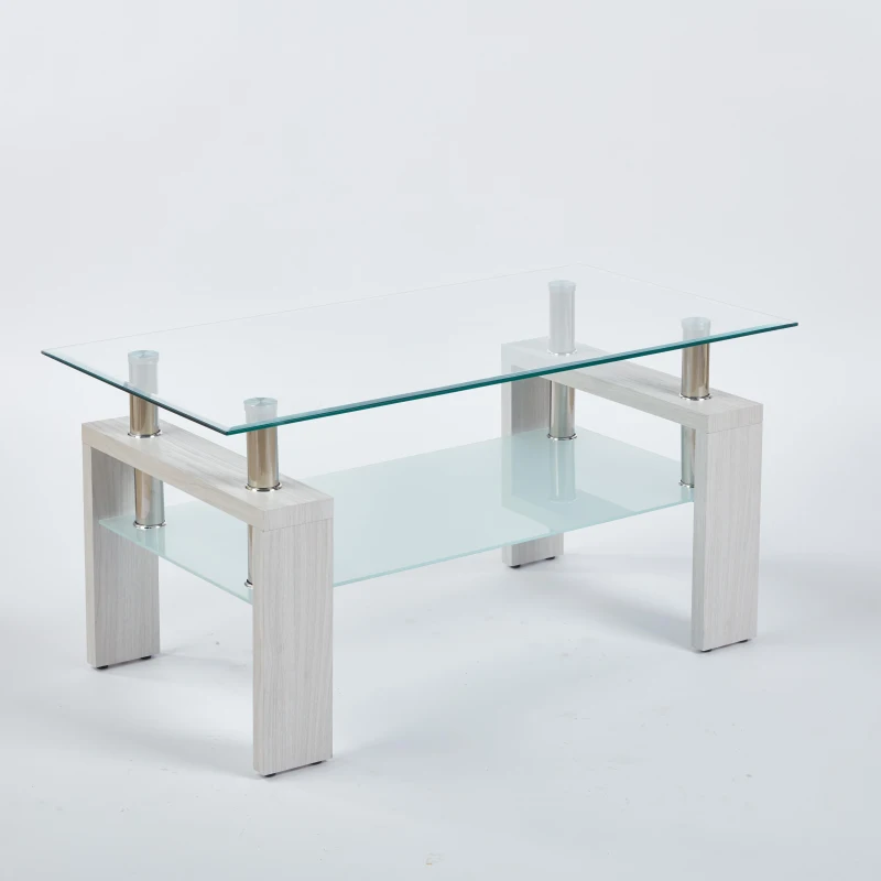 Tempered Glass Coffee Table with Geometric Design, Metal Tubular Legs, Durable Centre Desk for Living Room, 35" L x 19" W x 16.5" H, White