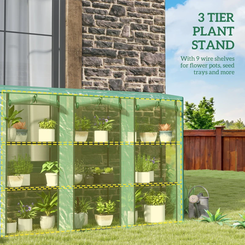 Outsunny Lean-to Greenhouse with 3 Tier Shelves, Mini Greenhouse with 3 Roll-Up Doors for Indoor Outdoor, Green