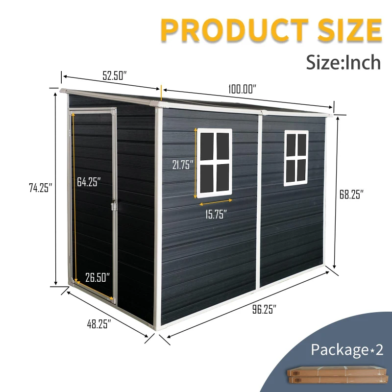 Outdoor Resin Storage Shed with 2 Windows and Lockable Doors, Storage Hut with Waterproof and Floor, 52.5'' L x 100'' W x 74'' H, Black