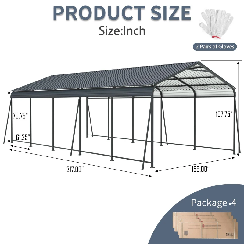 Heavy Duty Outdoor Carport with Galvanized Steel Roof, Large Garage Perfect for Cars and Trucks, 156'' L x 317'' W x 107.5'' H, Charcoal