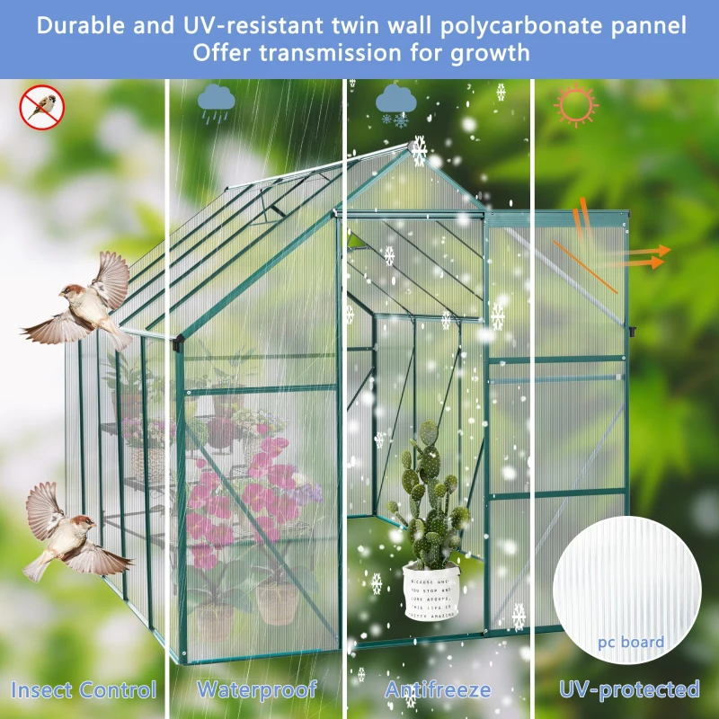 Polycarbonate Walk-in Greenhouse with Sliding Door and Adjustable Roof, Hothouse with Duty Aluminum Frame, 75'' L x 122.5'' W x 77'' H, Green