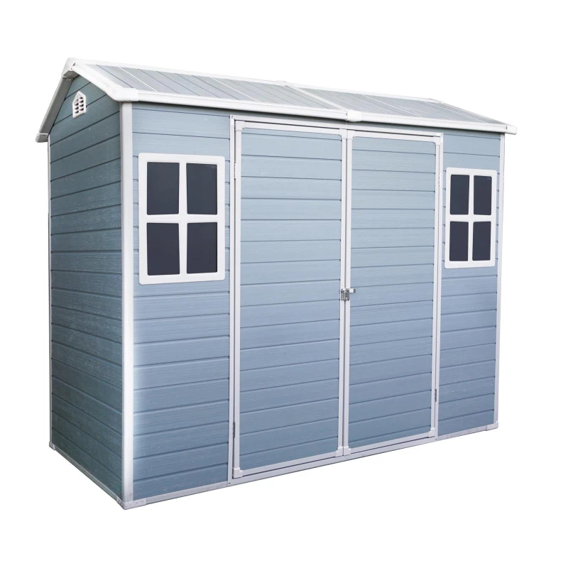 Outdoor Storage Shed with Double-Door and Two Windows, Heavy-Duty Resin Panels, Outbuilding for Backyard, 96" L x 52.5" W x 81" H, Grey