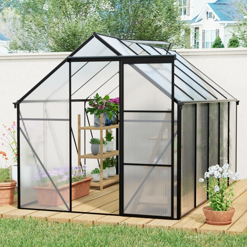 Polycarbonate Walk-in Greenhouse with Galvanized Base and Sliding Door, Heavy Duty Aluminum Hothouse for Plant, 75" L x 122.5" W x 77" H, Black
