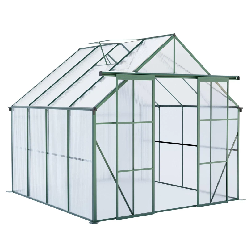 8 x 8 ft Double Door Polycarbonate Greenhouse with Raised Base, Anchor, Heavy Duty Hothouse for Backyard, 94.5" L x 98" W x 89.5" H, Green