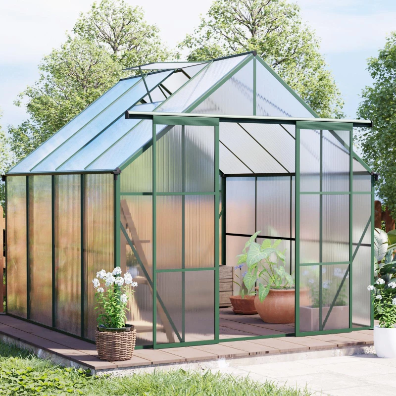 8 x 8 ft Double Door Polycarbonate Greenhouse with Raised Base, Anchor, Heavy Duty Hothouse for Backyard, 94.5" L x 98" W x 89.5" H, Green