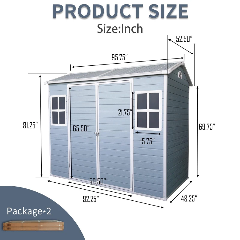 Outdoor Storage Shed with Double-Door and Two Windows, Heavy-Duty Resin Panels, Outbuilding for Backyard, 96" L x 52.5" W x 81" H, Grey