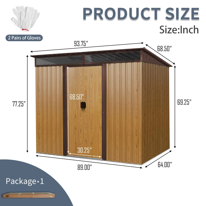 8 x 6 ft Outdoor Metal Storage Shed with Galvanized Steel Panels and Sliding Doors, Outbuilding for Backyard, 94" L x 68.5" W x 77" H, Coffee
