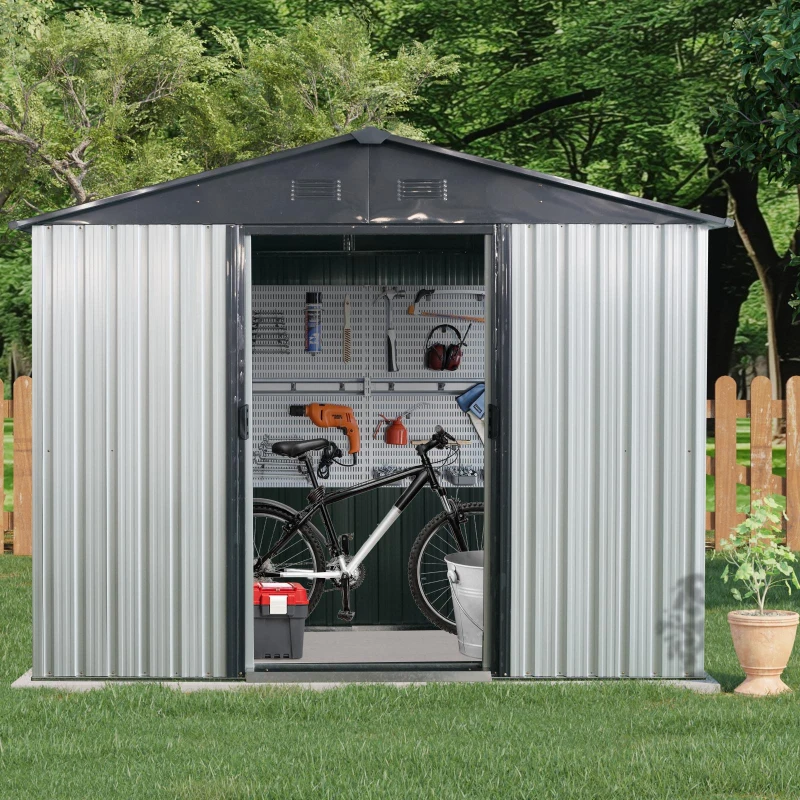 8 x 4 ft Outdoor Metal Storage Shed with Window, Lockable Door, Outbuilding for Garden Hobbyists, 93" L x 52" W x 75" H, White+Black
