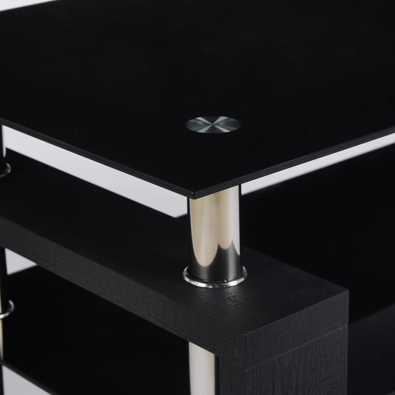 Tempered Glass Coffee Table with Geometric Design, Metal Tubular Legs, Durable Centre Desk for Living Room, 35" L x 19" W x 16.5" H, Black