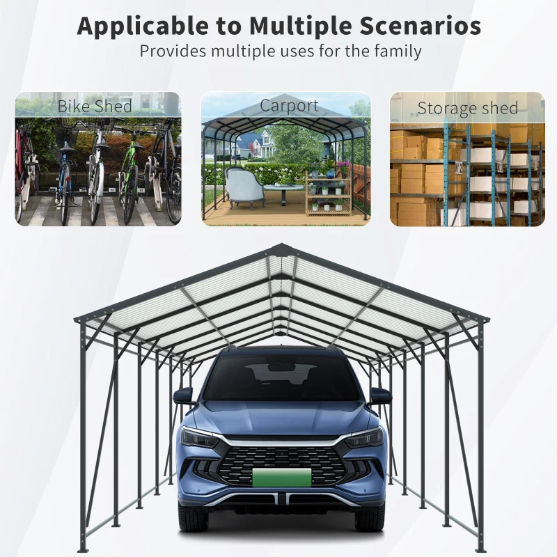 Heavy Duty Metal Carport with Galvanized Steel Roof and Frame, Large Garage with 4 Fixed Supports, 142" L x 379.5" W x 106" H, Charcoal