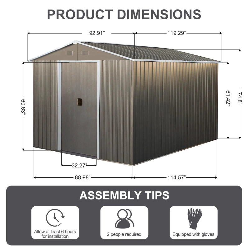 8 x 10 ft Outdoor Metal Storage Shed with Metal Foundation, Sliding Doors, Outbuilding for Garden Hobbyists, 89" L x 114.5" W x 75" H, Gray